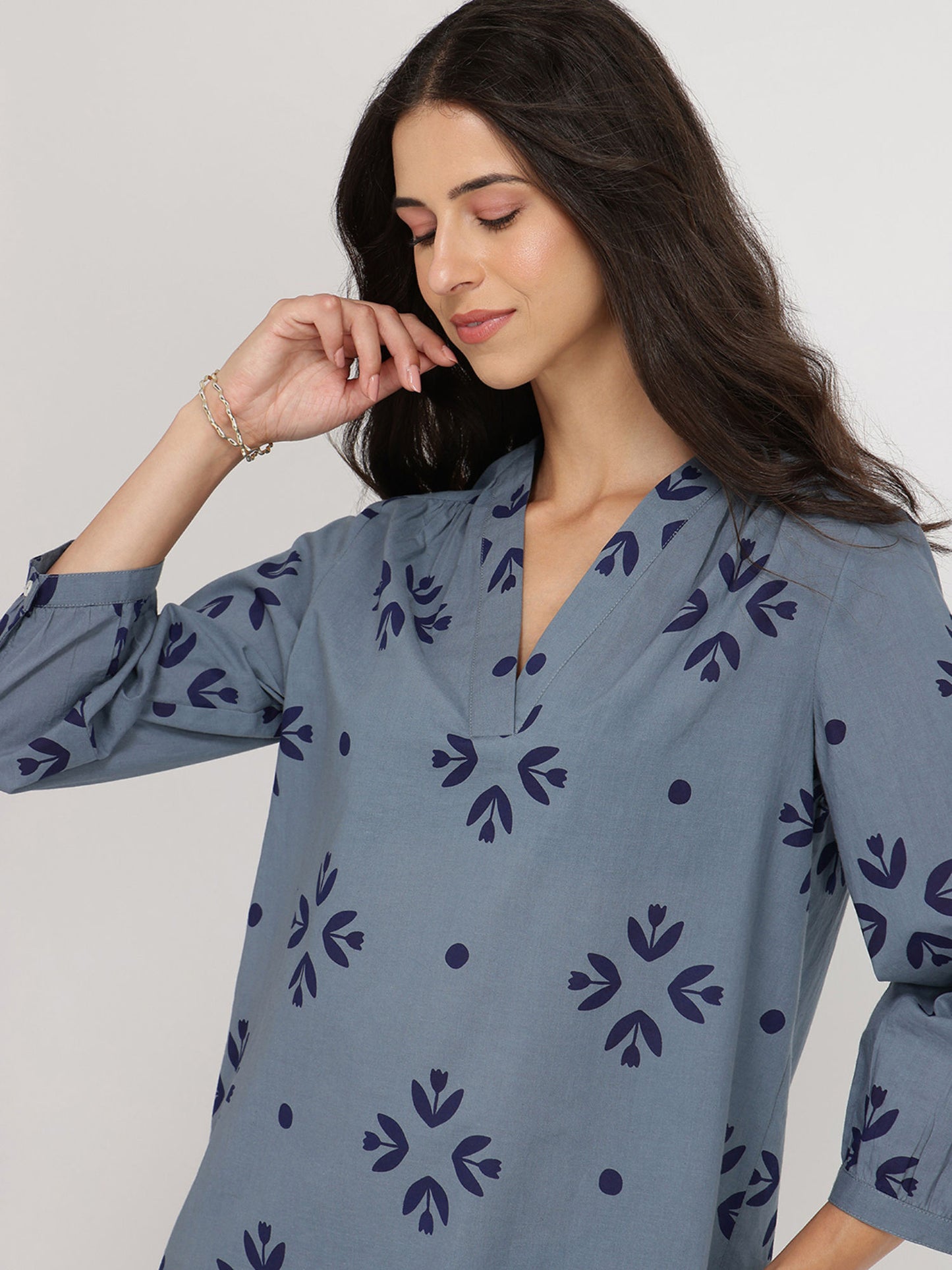 Cotton Floral Motif Tunic With Pant Co-Ord - Blue