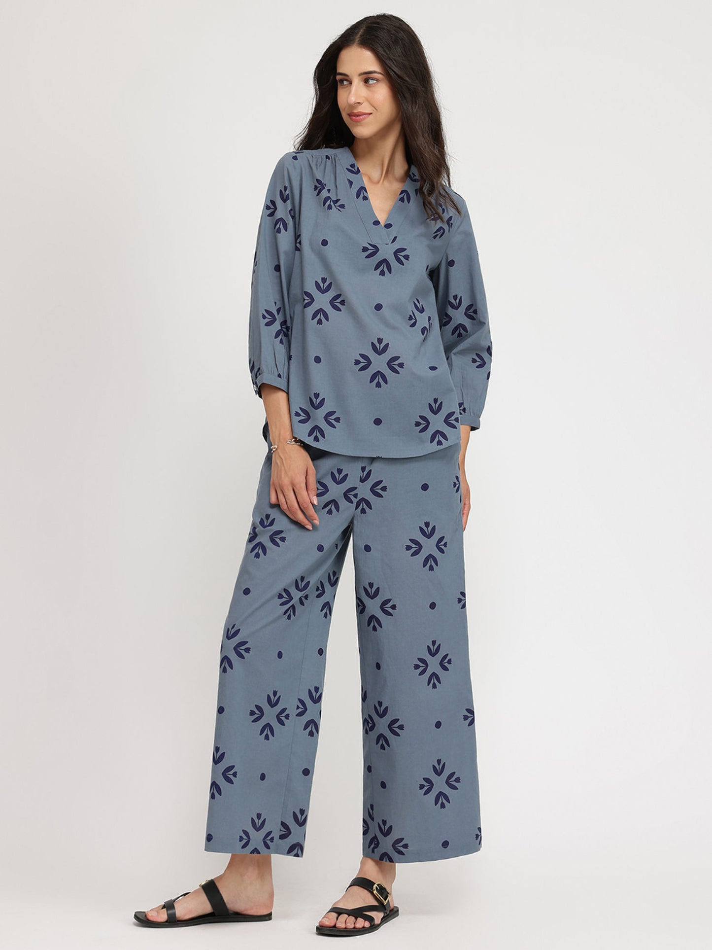 Cotton Floral Motif Tunic With Pant Co-Ord - Blue