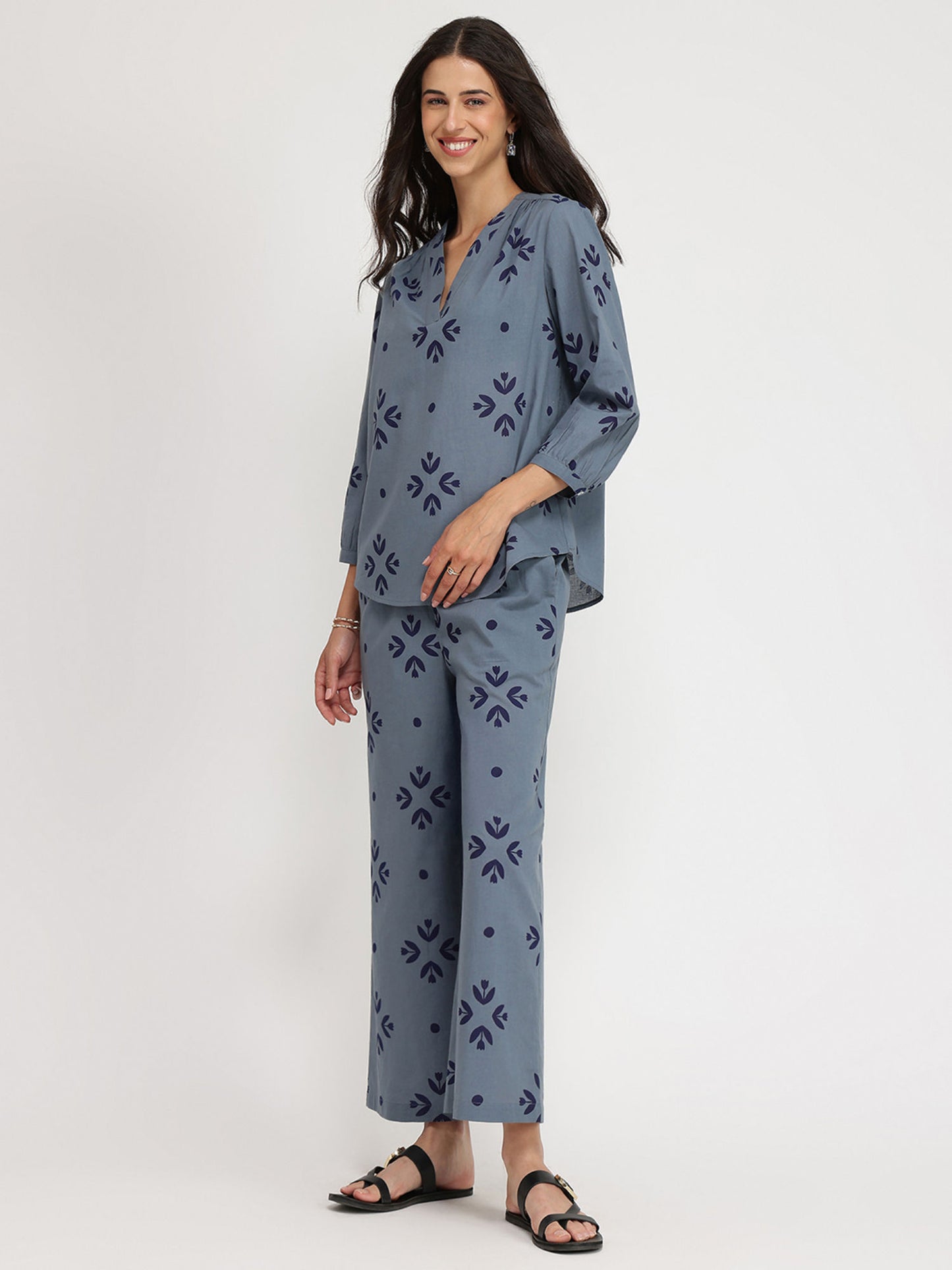 Cotton Floral Motif Tunic With Pant Co-Ord - Blue
