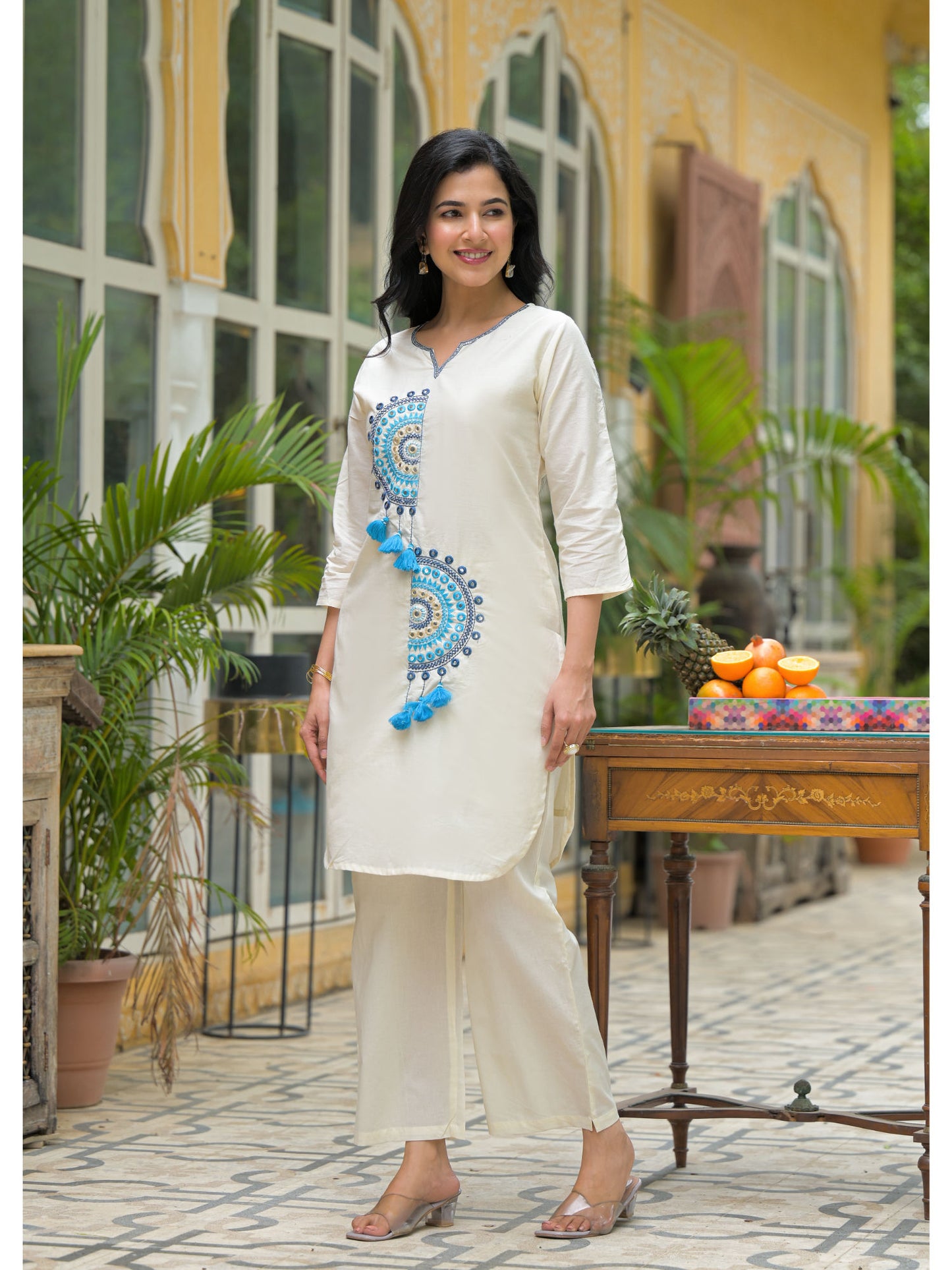 White Cotton Blue Embroidered Co-Ord Sets