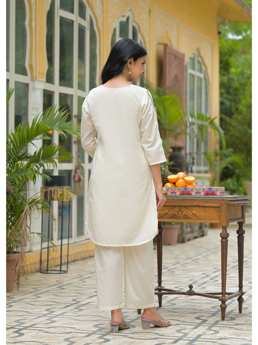 White Cotton Blue Embroidered Co-Ord Sets