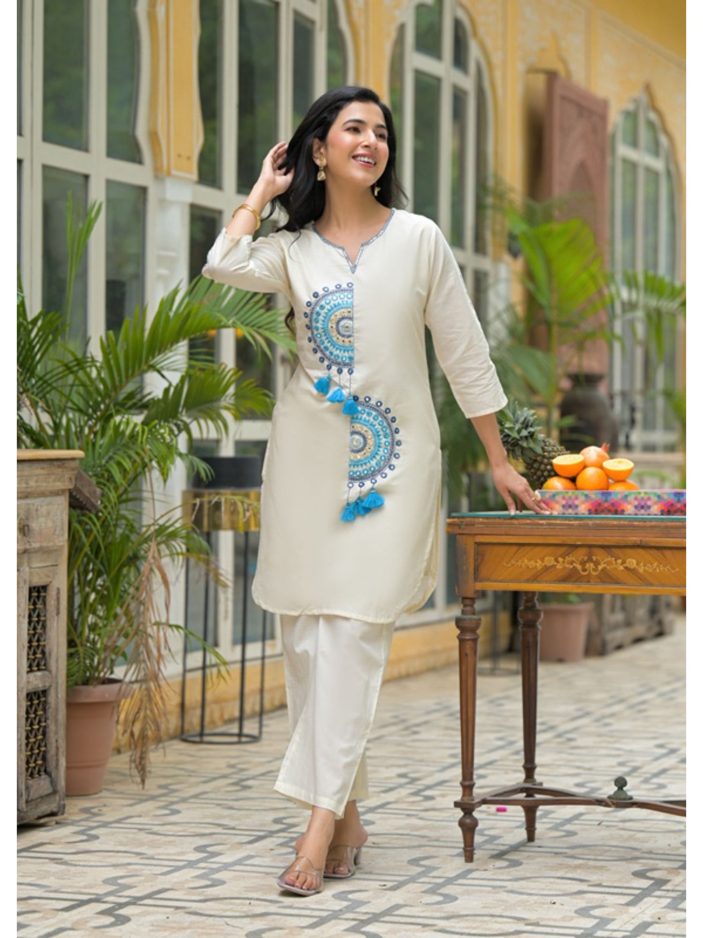 White Cotton Blue Embroidered Co-Ord Sets