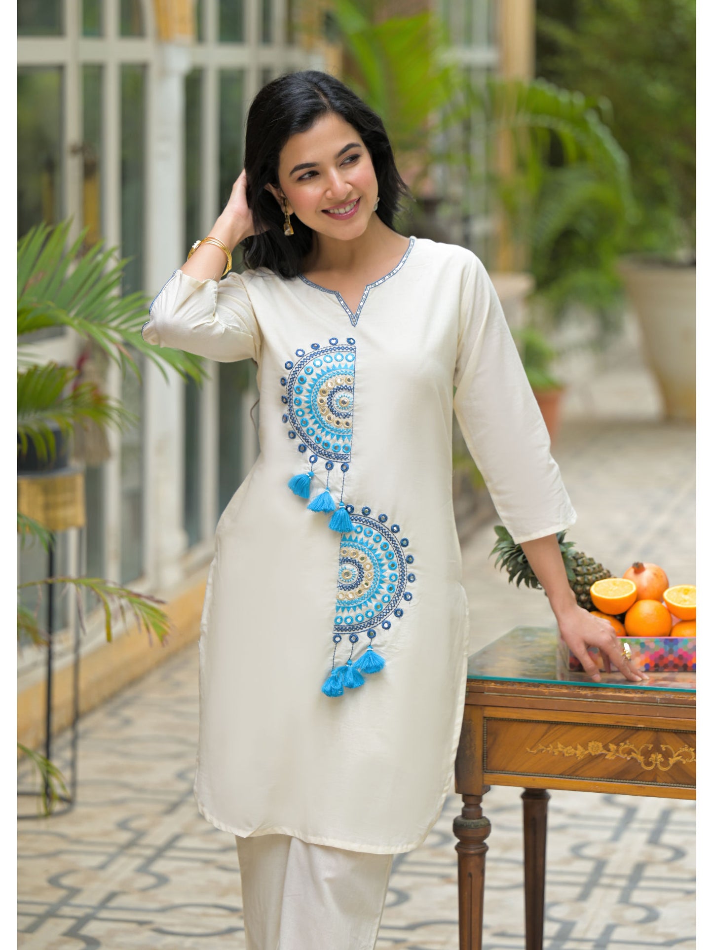 White Cotton Blue Embroidered Co-Ord Sets