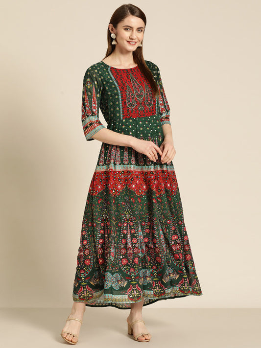 Georgette Embroidered Printed Maxi Ethnic Dress