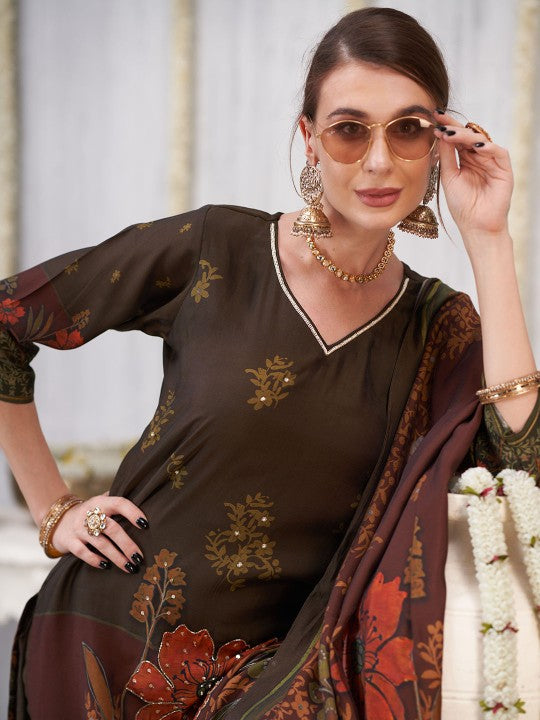Anouk Women Floral Printed Regular Sequinned Chanderi Silk Kurta