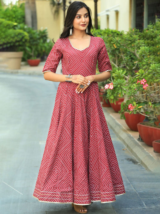 Indian Virasat Geometric Printed Sweetheart Neck Cotton Fit & Flare Maxi Ethnic Dress