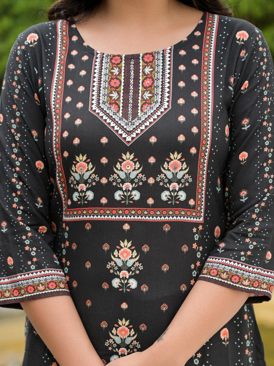 Floral Printed Straight Liva Kurta With Trouser & Dupatta