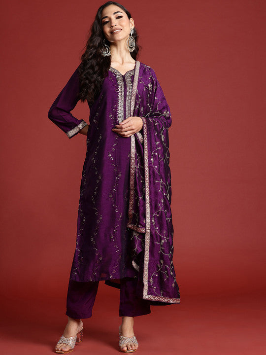 Indo Era Floral Embroidered Sequinned Kurta With Trousers & Dupatta