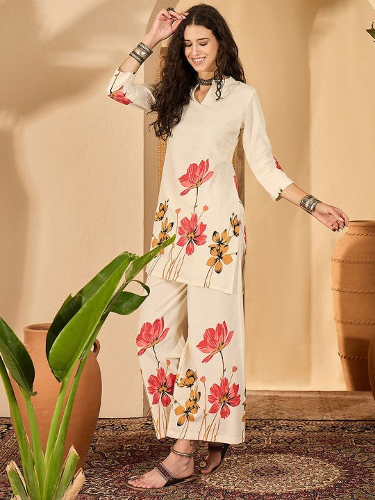 Floral Printed Pure Cotton Tunic With Trouser Co-Ords