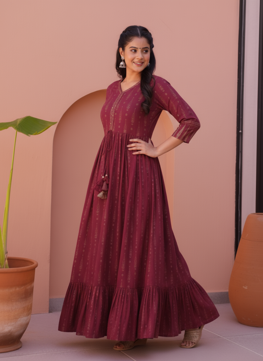 Viscose Floral Anarkali Maroon Dress