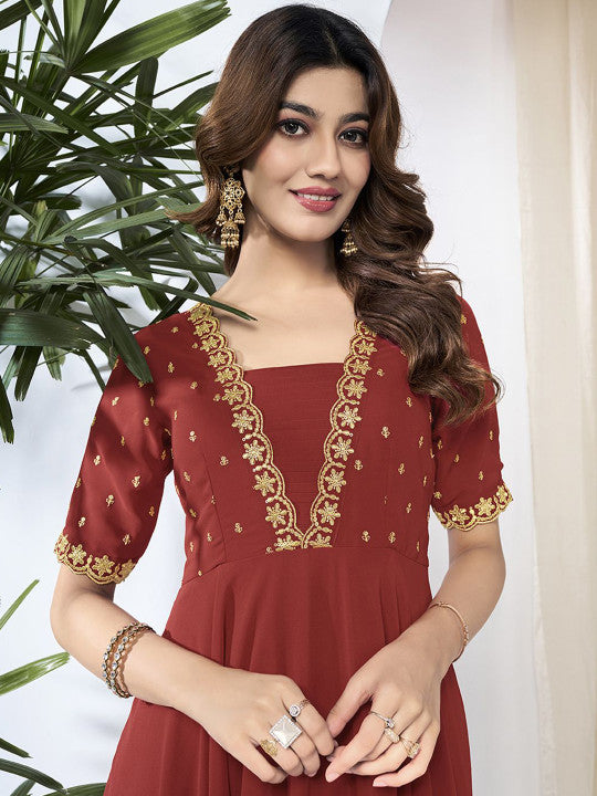 Inddus Women Sequined Embroidered Fit and Flare Ethnic Dress