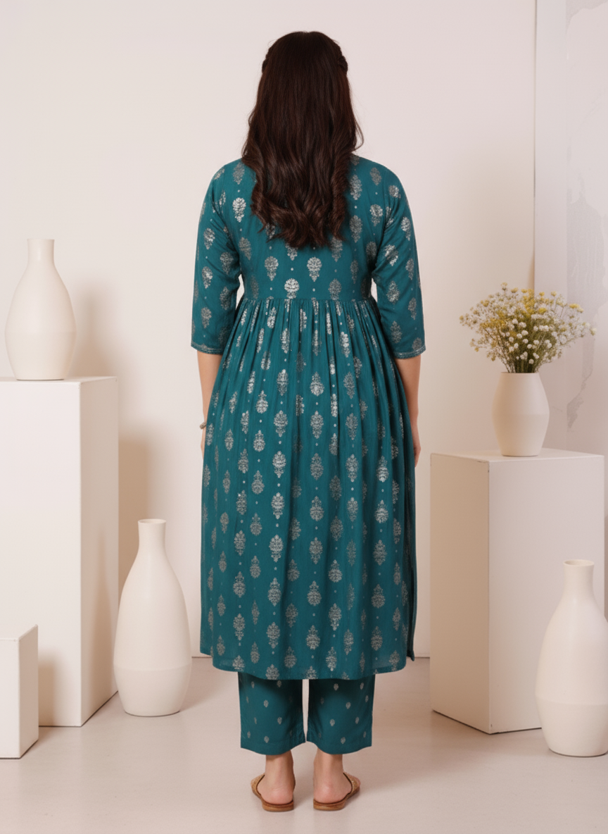 Embroidered Roman silk Gold foil Flared Teal Kurta
