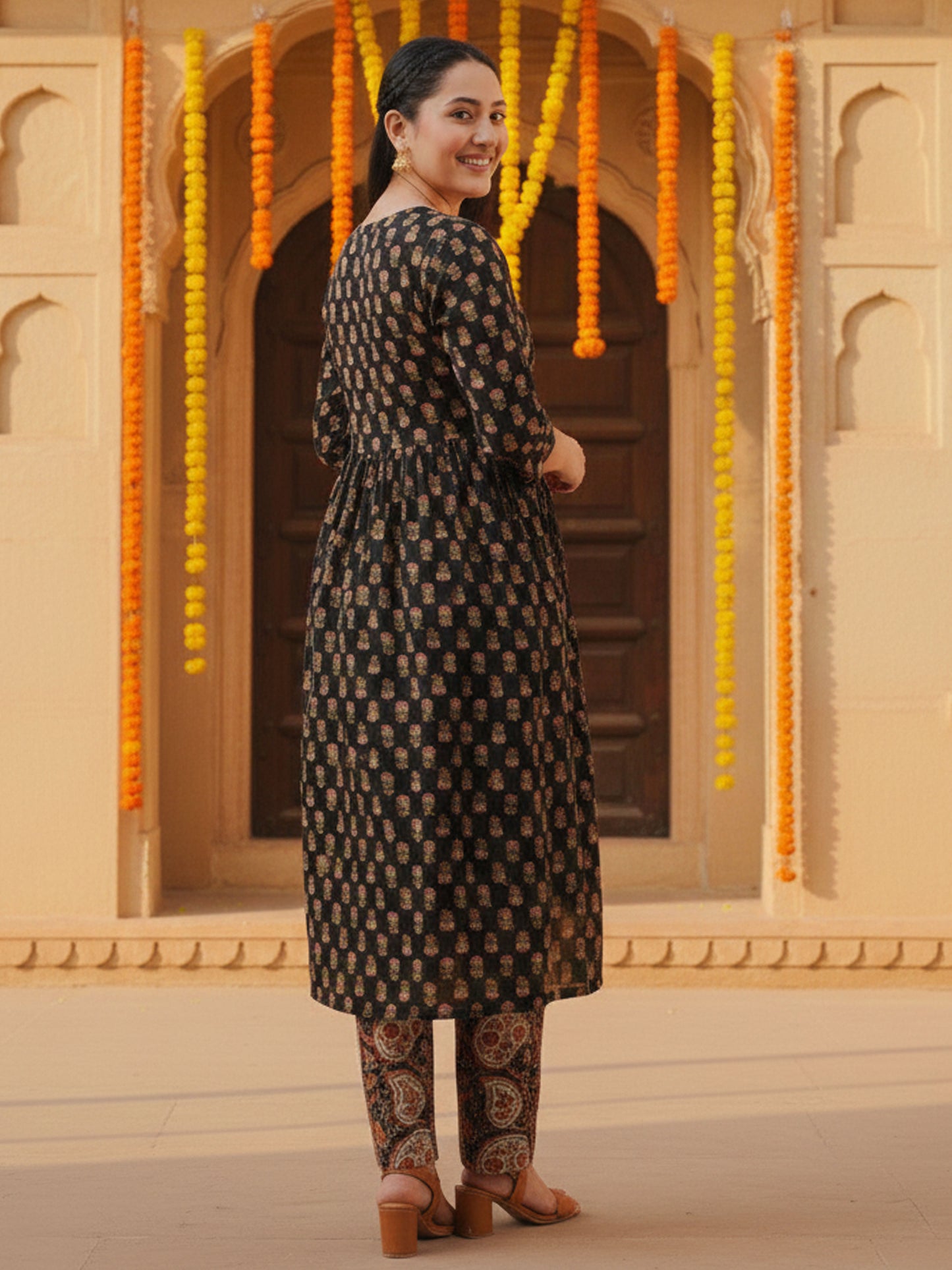 Embroidered Soft Cotton Butti Flared Black Kurta