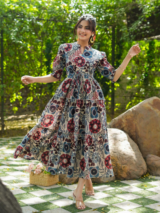 Women Multi-Color Floral Pure Cotton Midi Dress