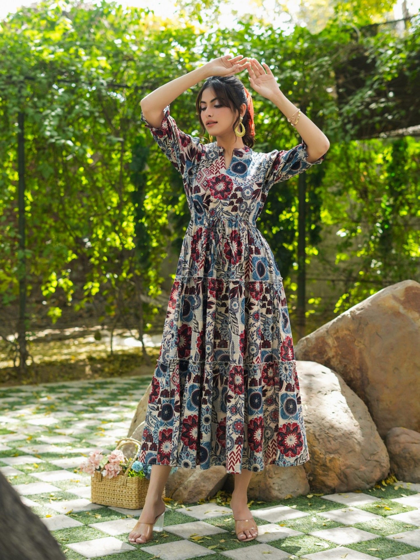 Women Multi-Color Floral Pure Cotton Midi Dress