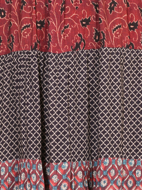 FASHOR Brown & Red Ethnic Motifs Printed Tiered Maxi Dress