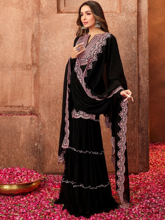 Inddus Women Black Ethnic Motifs Thread Work Kurta