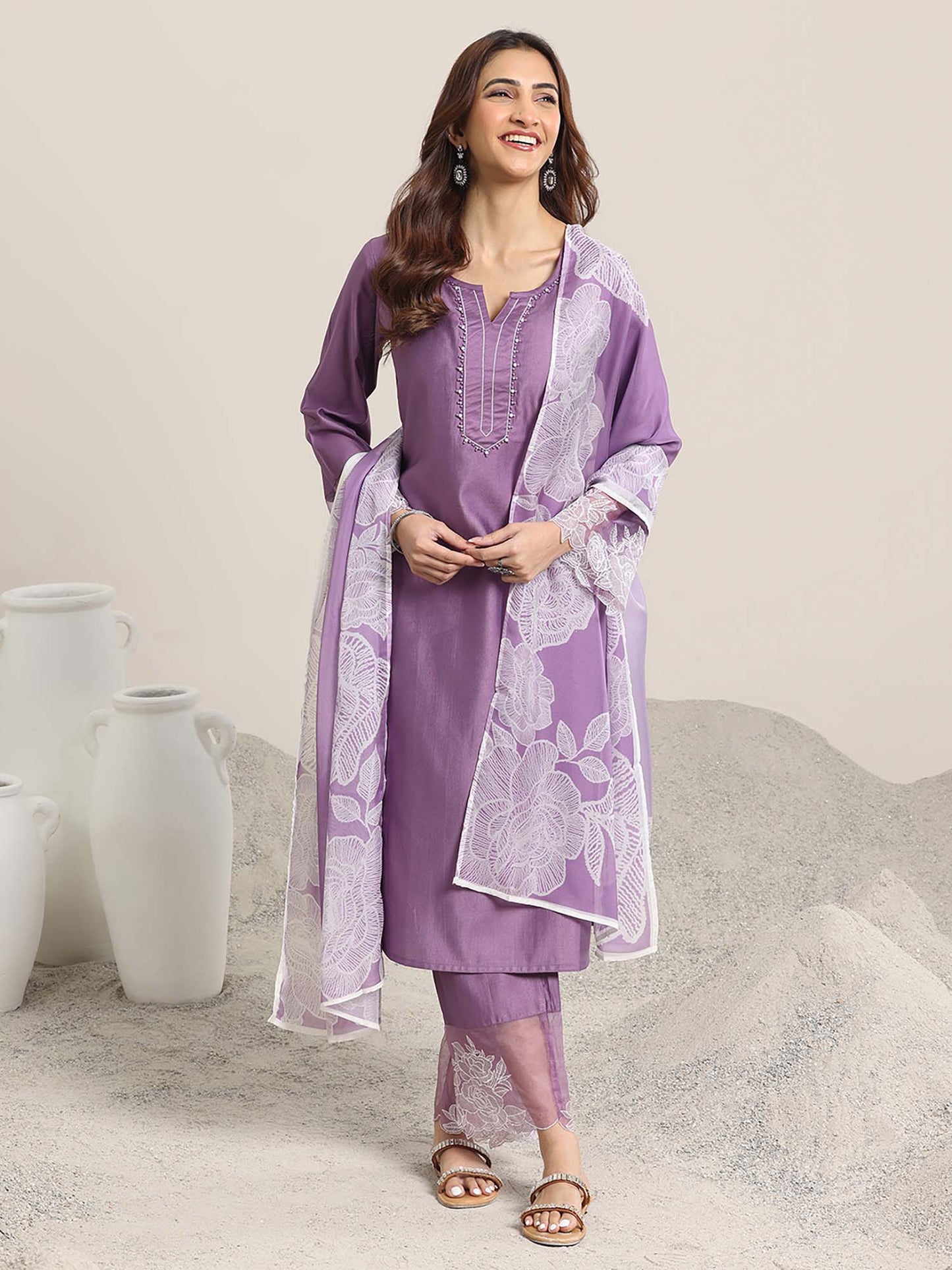 Womens Purple Solid Straight Fit Kurta with Pant and Dupatta (Set of 3)