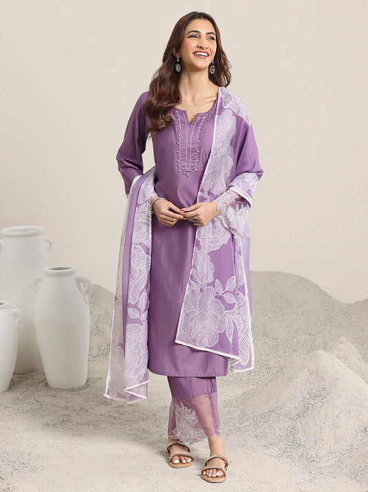 Womens Purple Solid Straight Fit Kurta with Pant and Dupatta (Set of 3)