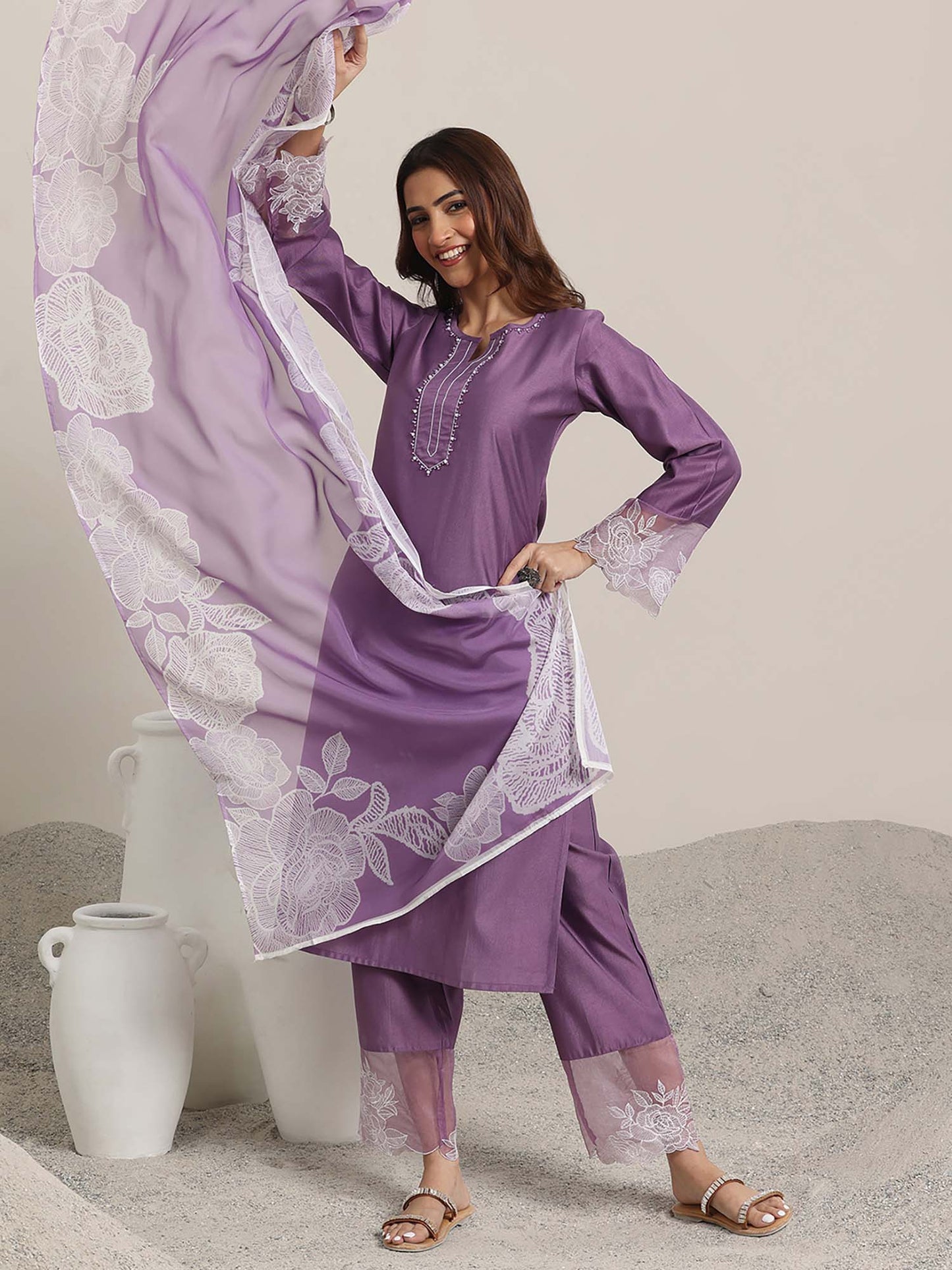Womens Purple Solid Straight Fit Kurta with Pant and Dupatta (Set of 3)
