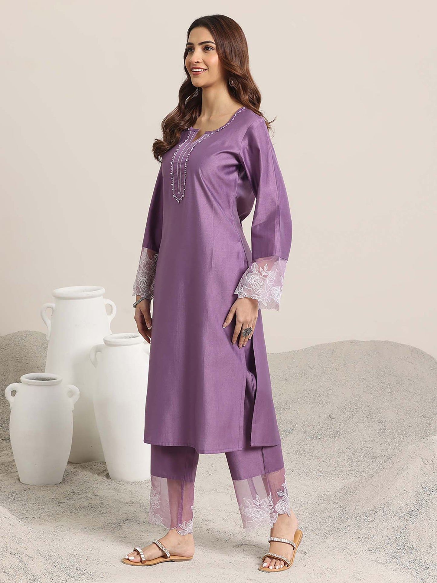 Womens Purple Solid Straight Fit Kurta with Pant and Dupatta (Set of 3)