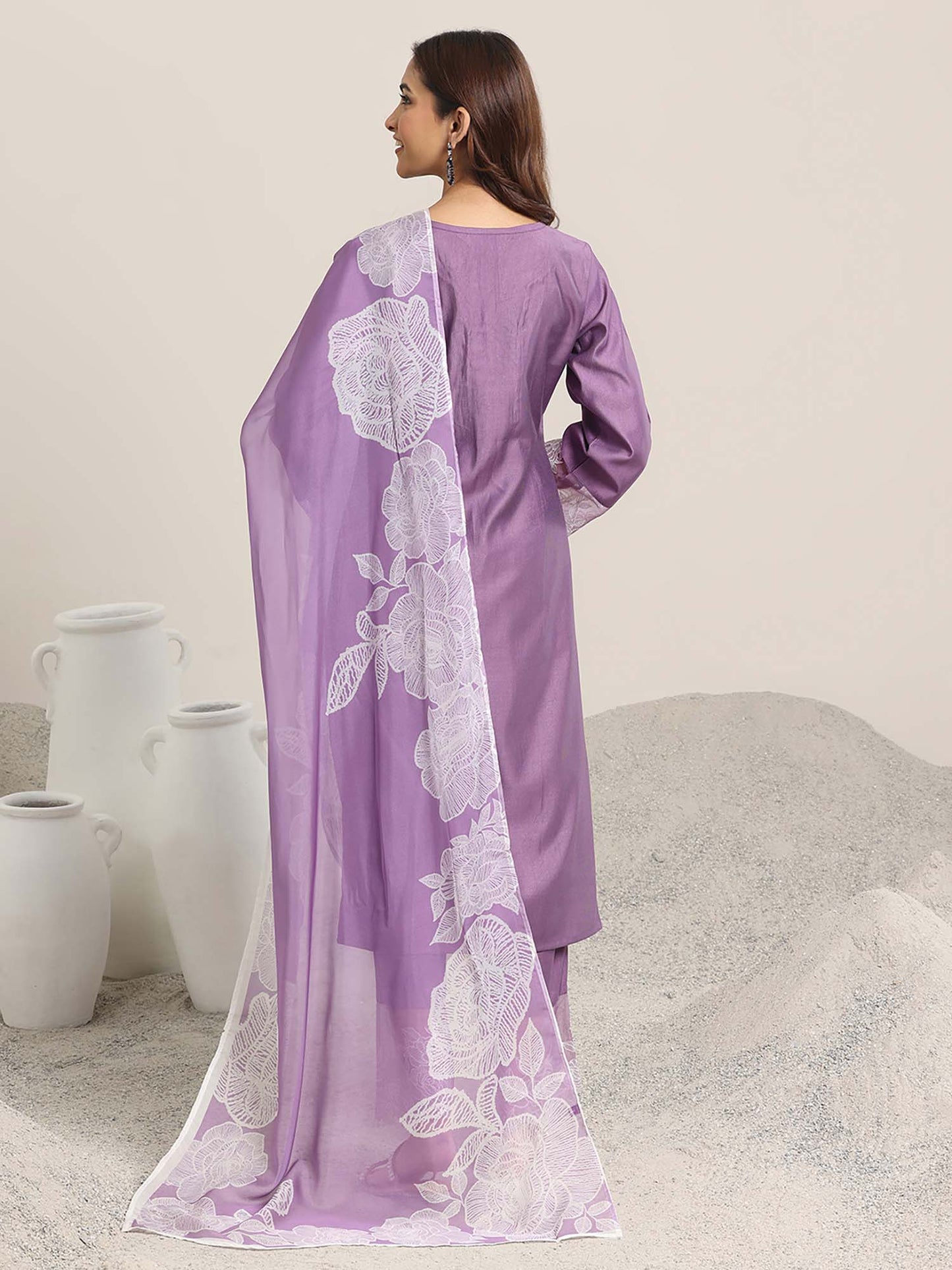 Womens Purple Solid Straight Fit Kurta with Pant and Dupatta (Set of 3)