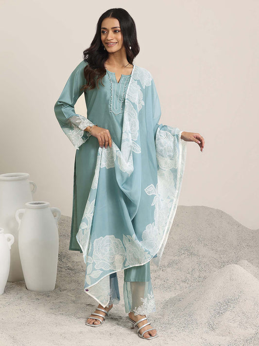 Womens Green Solid Straight Fit Kurta with Pant and Dupatta (Set of 3)