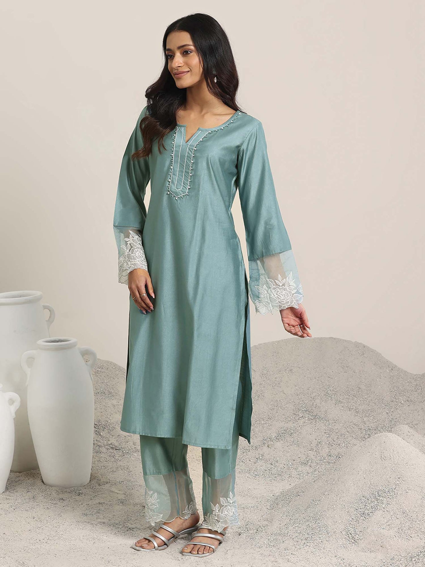 Womens Green Solid Straight Fit Kurta with Pant and Dupatta (Set of 3)