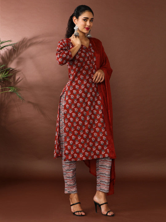 Jaipur Kurti Floral Printed V-Neck Pure Cotton Straight Kurta With Trousers & Dupatta