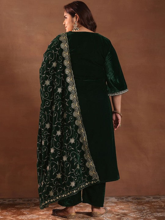 EXTRA LOVE BY LIBAS Plus Size Floral Yoke Design Velvet Kurta