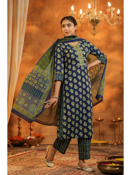 Floral Printed Regular Pure Cotton Kurta Pant and Dupatta (Set of 3)