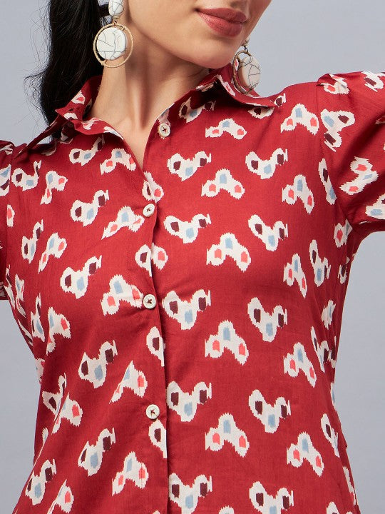 WineRed Printed Shirt Collar Three-Quarter Sleeves Pure Cotton Top & Trouser