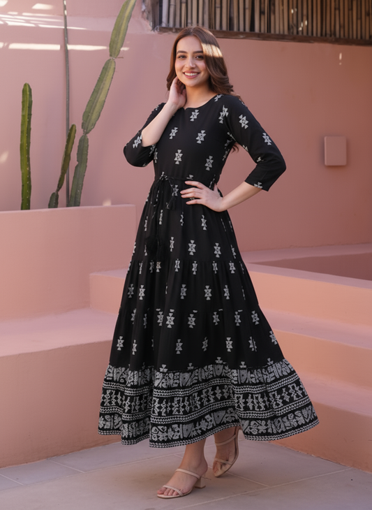 Viscose Floral Anarkali Navy Blue Dress
