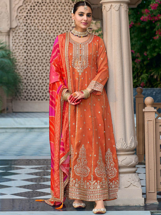 Indo Era Ethnic Motifs Embroidered Sequinned Anarkali Kurta with Trouser & Dupatta