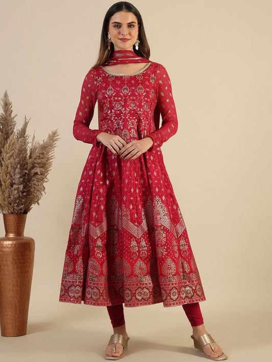 AURELIA Floral Printed Round Neck Gotta Patti Anarkali Kurta With Trousers & Dupatta