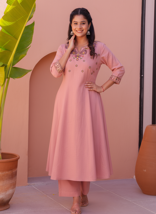 Embroidered Linen Cotton Solid Straight Pink Kurta