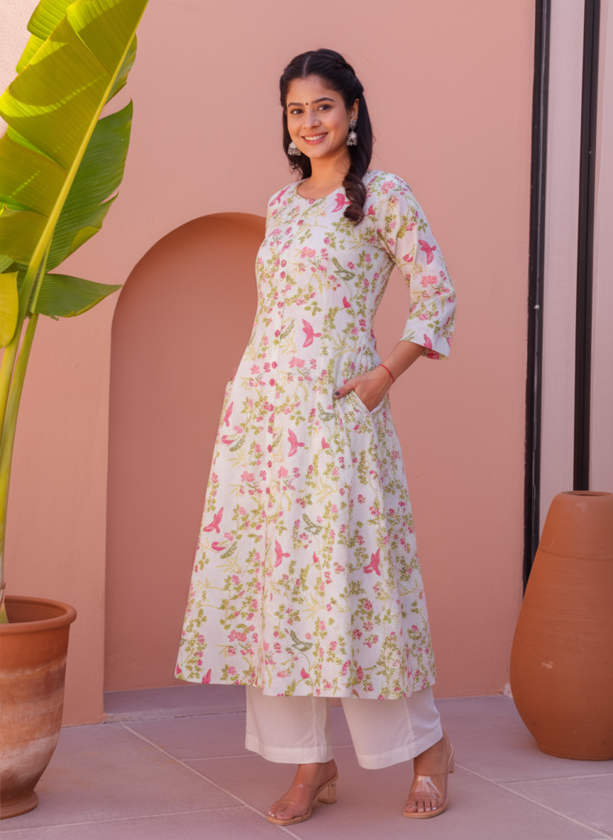 Soft Cotton Floral Flared Off White Kurta