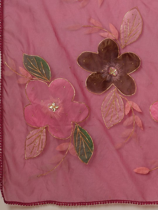 FASHOR Floral Embroidered Panelled Pure Cotton Kurta with Trousers & Dupatta