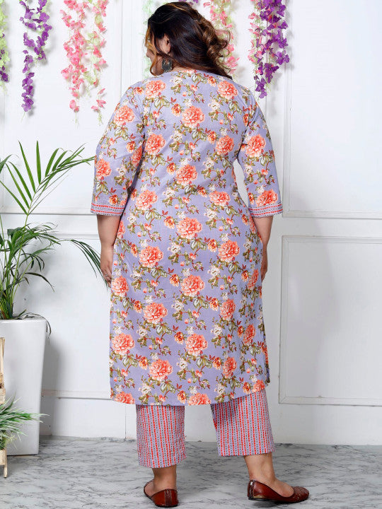 Swasti Plus Size Floral Printed Sequinned Pure Cotton Kurta With Trouser & Dupatta
