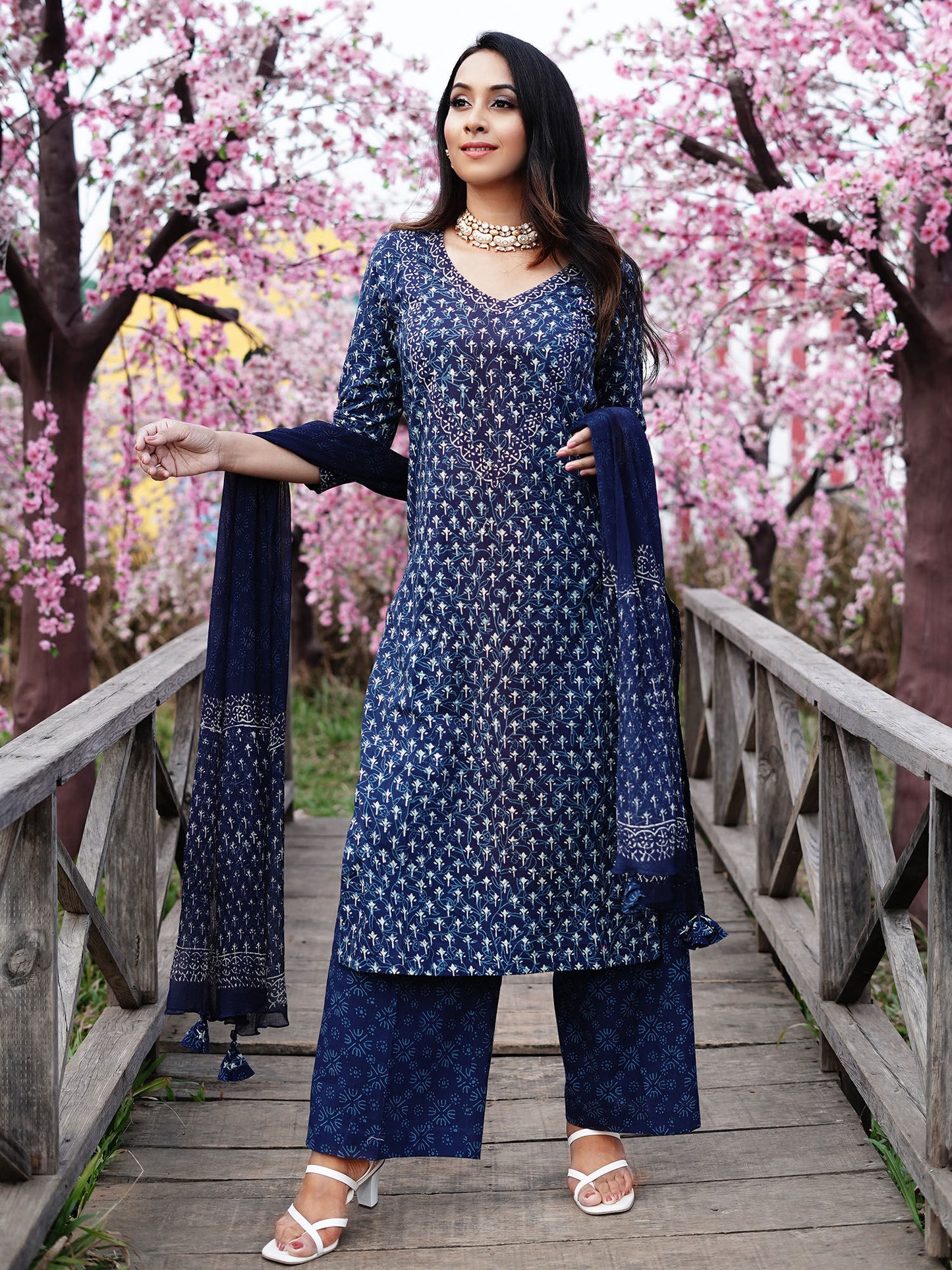 Blue Block Butti Print Cotton Kurta with Palazzo &amp; Dupatta (Set of 3)