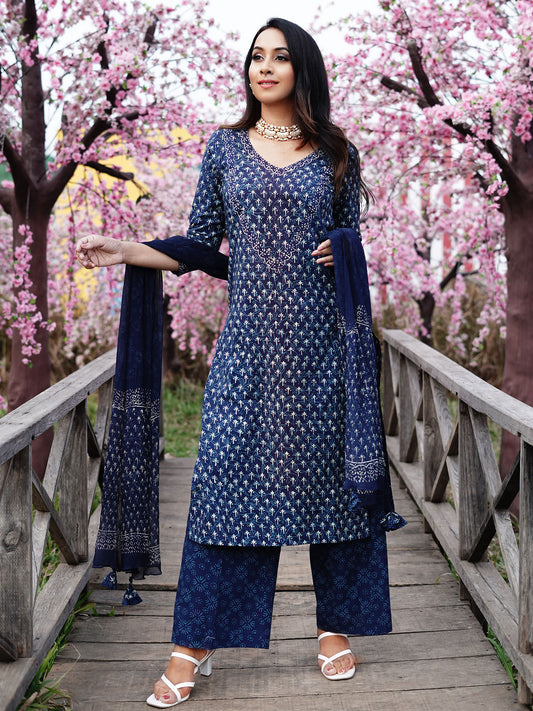 Blue Block Butti Print Cotton Kurta with Palazzo &amp; Dupatta (Set of 3)
