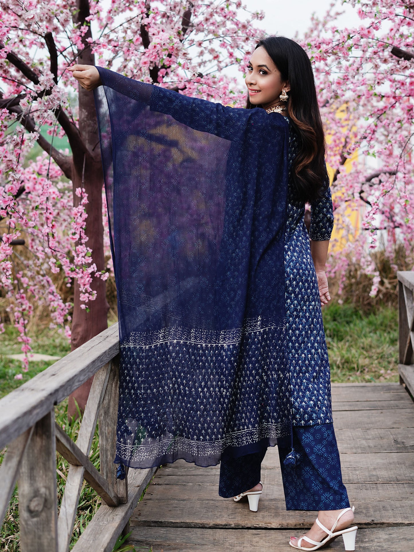 Blue Block Butti Print Cotton Kurta with Palazzo &amp; Dupatta (Set of 3)