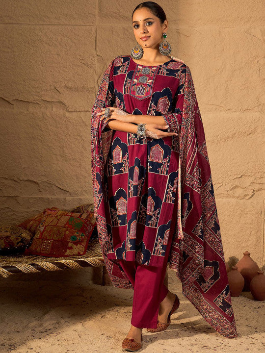 Indo Era Printed Straight Kurta & Trousers With Dupatta set