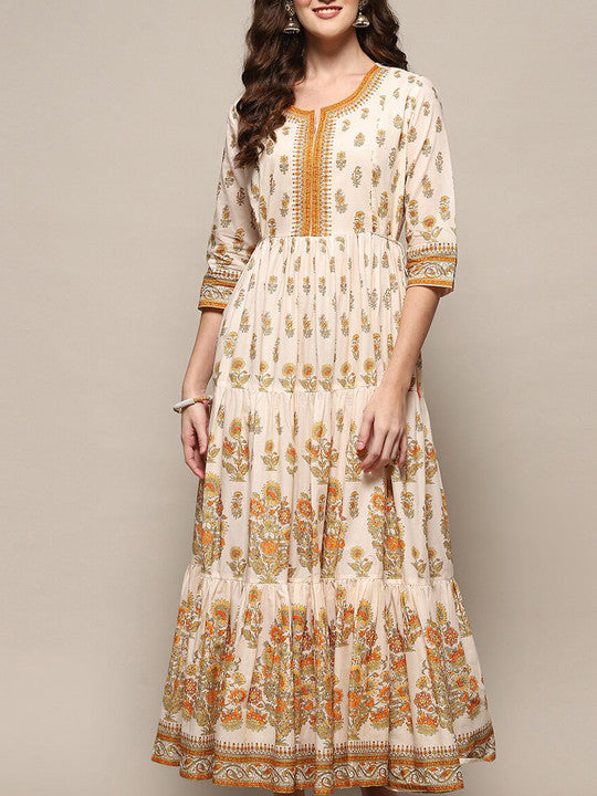 Biba Ethnic Motifs Printed Notched Neck Maxi Cotton Dress for Women