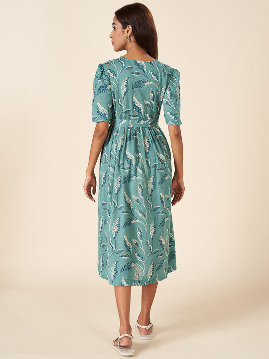 AKKRITI BY PANTALOONS Floral Printed Belt Detailed Puff Sleeves Cotton Shirt Style Dress