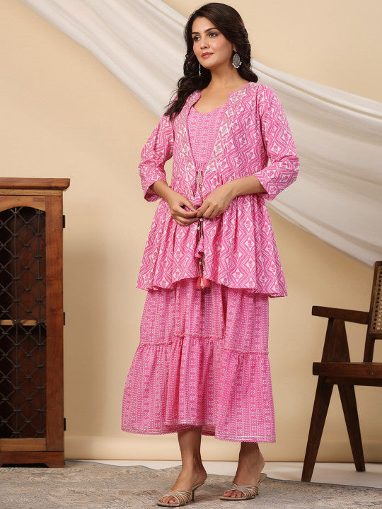 EtnicaWear Ethnic Motifs Printed Tiered Fit & Flare Pure Cotton Ethnic Dress with Jacket