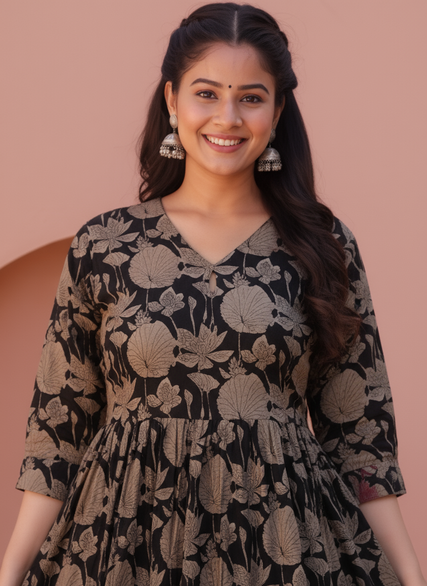 Embroidered Soft Cotton Floral Angrakha Black Dress