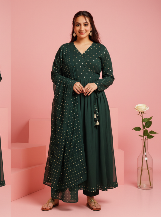 Georgette Solid Angrakha Green Kurta