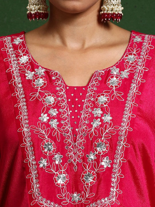 Varanga Floral Embroidered Thread Work Notch Neck A-Line Kurta