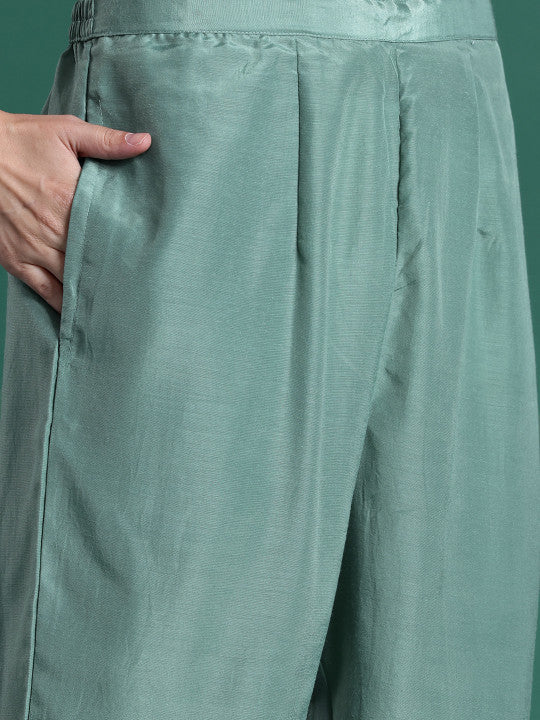 Indo Era Floral Embroidered Sequinned Kurta With Trousers & Dupatta
